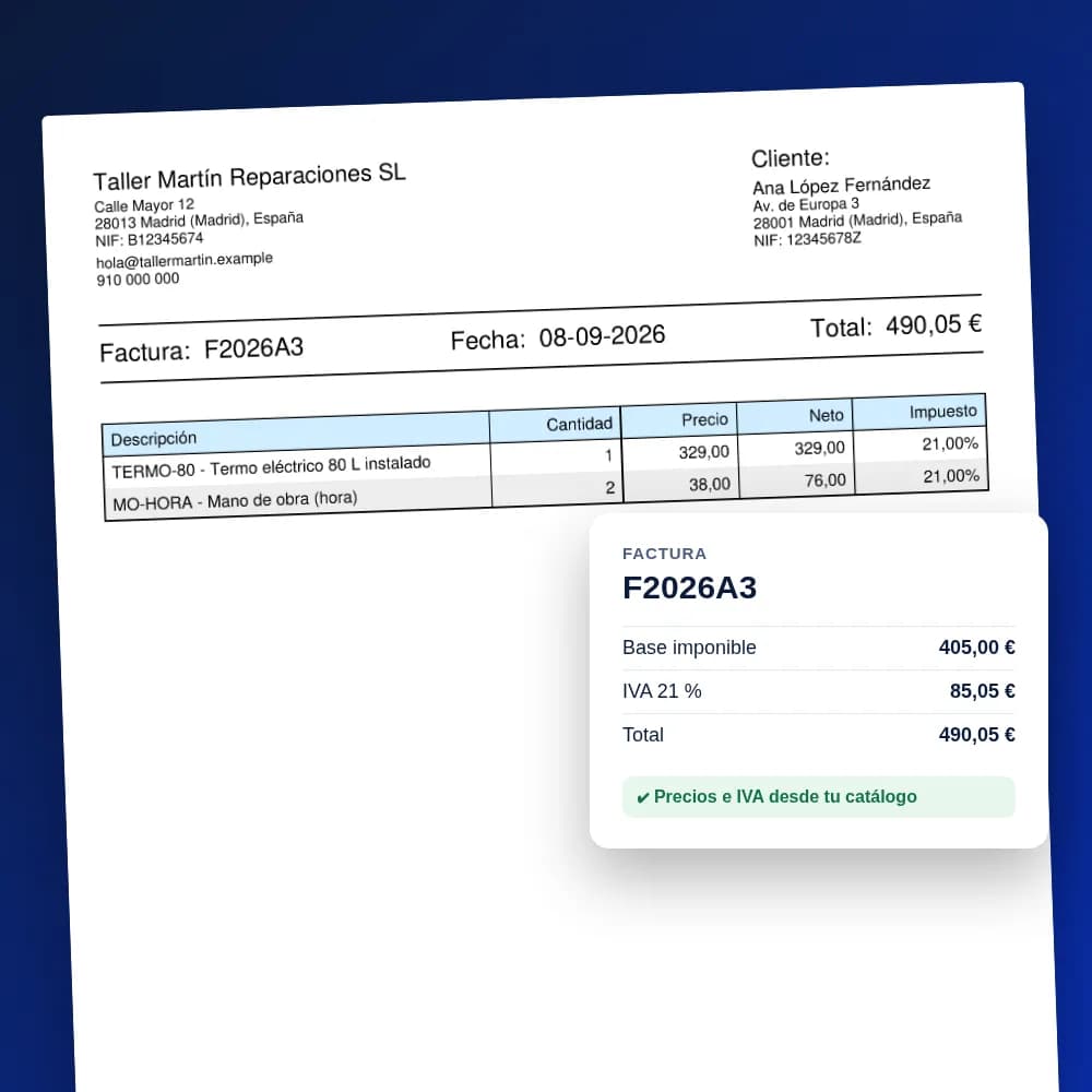 Factura en PDF generada por VERIFAX con base imponible, IVA y total