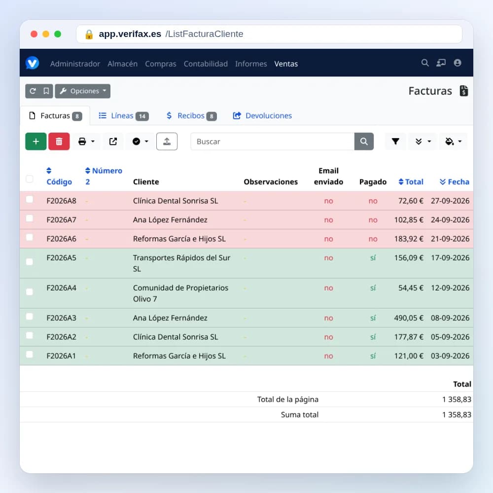 Panel web de VERIFAX con el listado de facturas emitidas y su estado de cobro