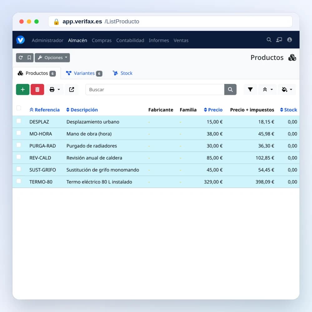 Catálogo de productos con precio e IVA en el panel de VERIFAX