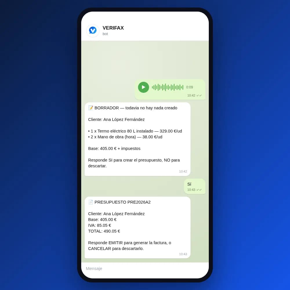 Nota de voz en Telegram: el bot de VERIFAX responde con el borrador de la factura y los precios de tu catálogo